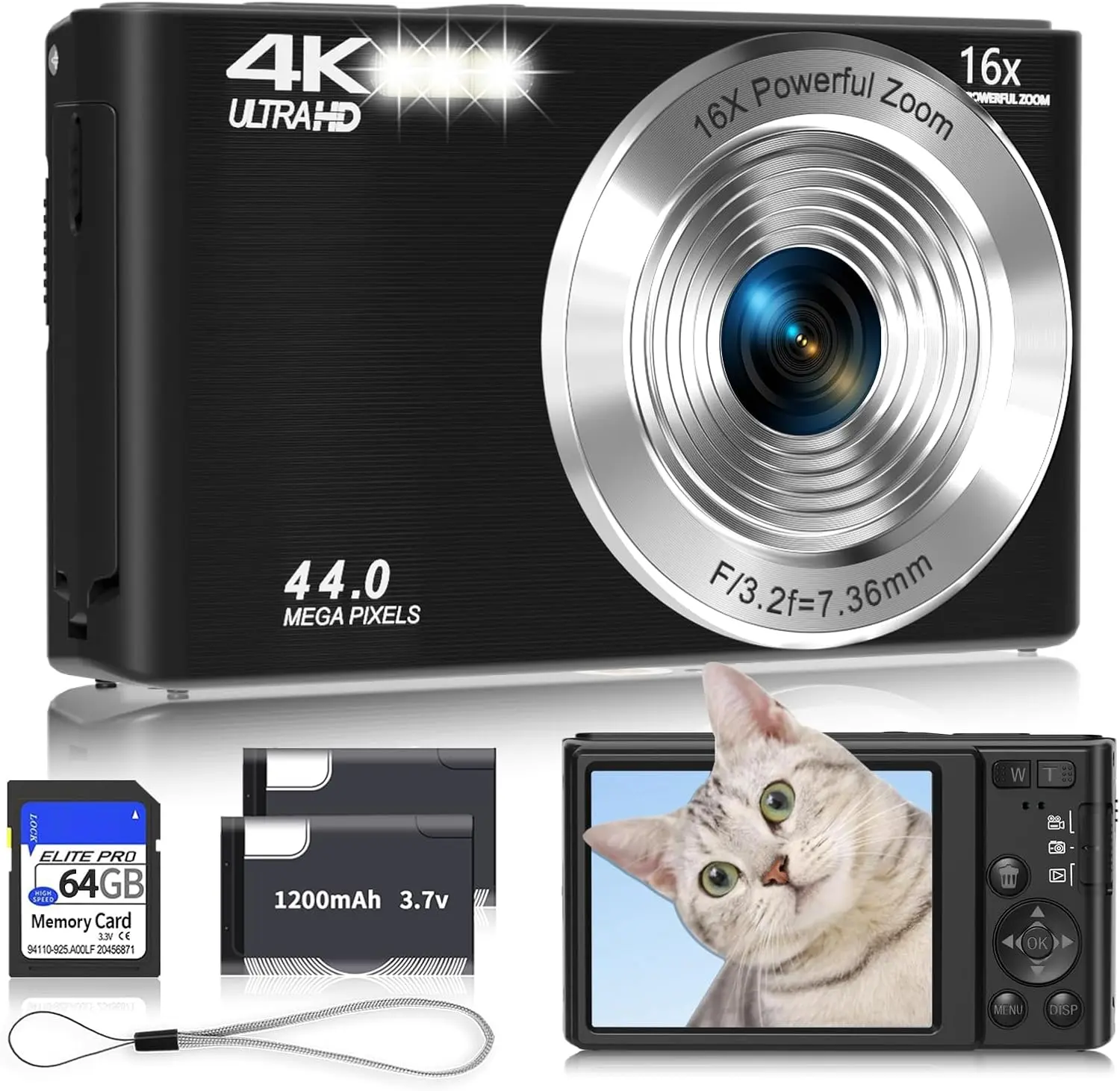 4K Digital Camera for Vlogging & Streaming, Sleek Black Y2K Digicam with 44MP, 16X Zoom & PC Webcam Mode, Starter Kit with 64GB Card & 2 Batteries
