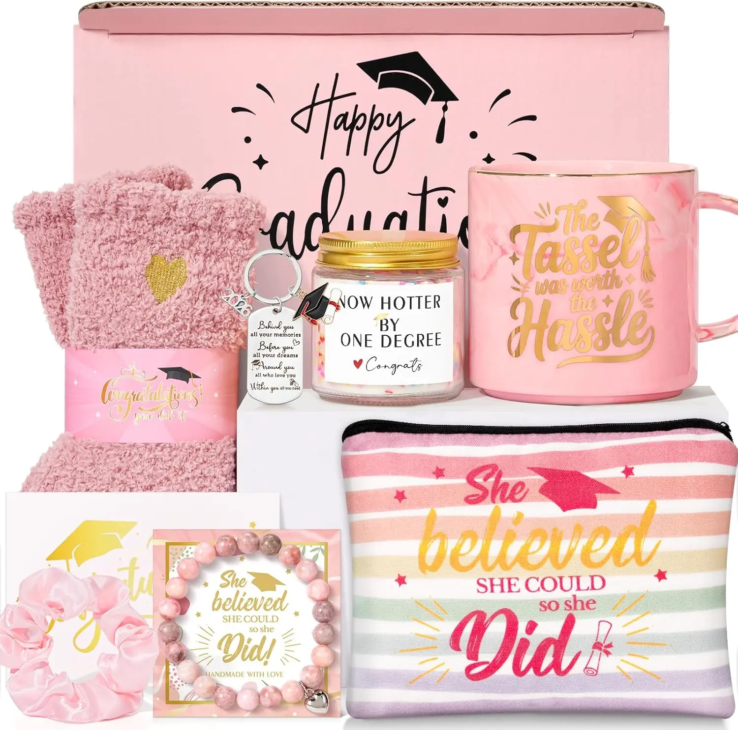 Pink Graduation Gift Basket for Her (Class of 2026) - Senior High School/College Gift Box with Mug, Socks, Candle, Makeup Bag for Daughter, Friend