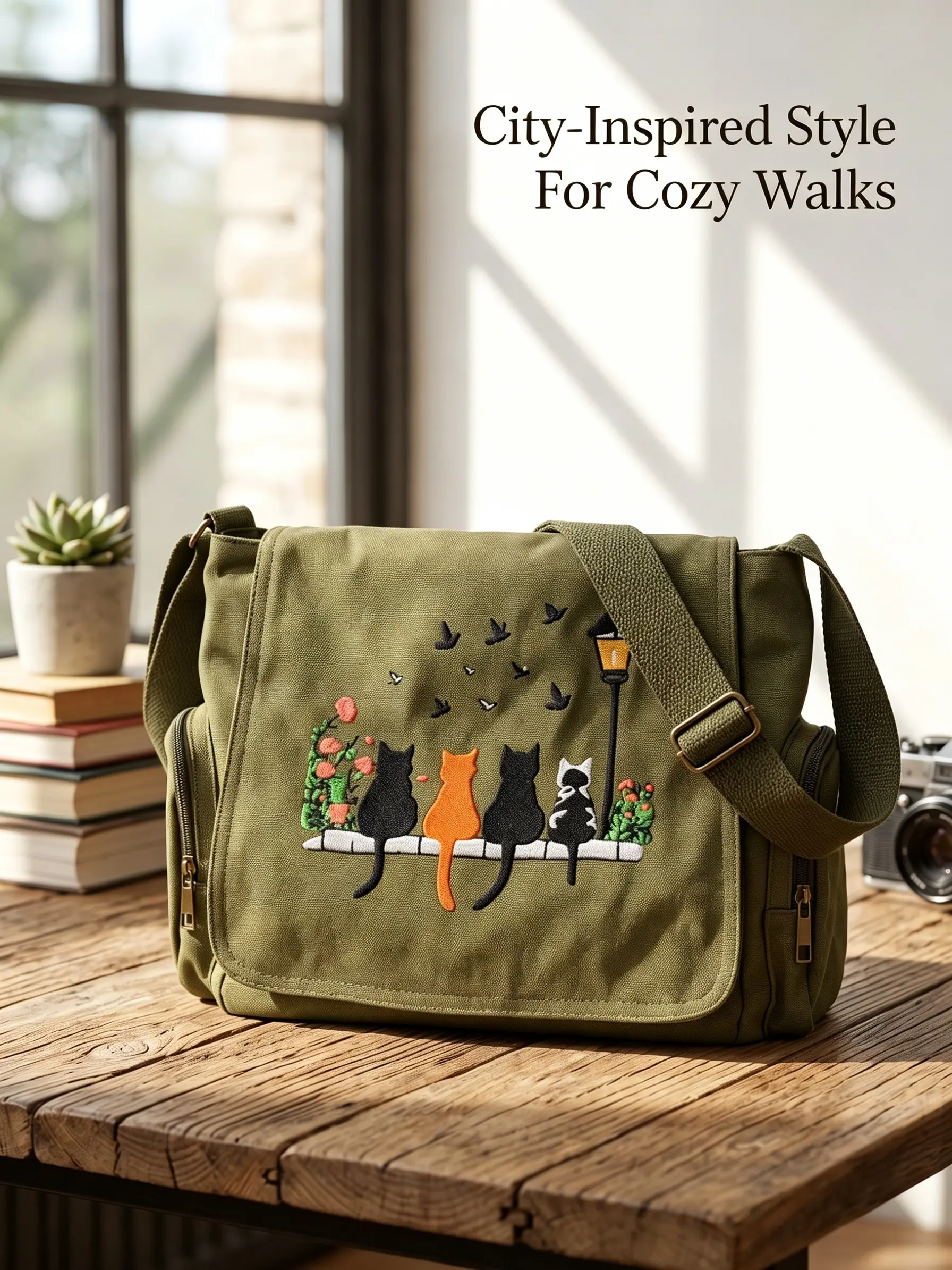 Women's Large-Capacity Embroidered Shoulder Bag, Retro Flap Design with 4 Cats Sitting Side by Side at a Stone Table Pattern, Patch Pocket, Suitable for Shopping-Travel Occasions