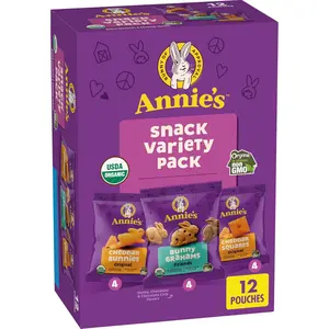 Annie's Organic Snack Variety Pack - Cheddar Bunnies, Bunny Grahams, Cheddar Squares, 12 Pouches, 11 oz, Non-GMO, No Artificial Flavors, Portable for Kids & Adults - Crispy