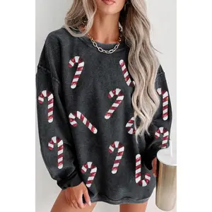 Sequin Candy Cane Round Neck Sweatshirt