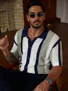 Men's Summer Ruffle Striped Polo Neck Knit Cardigan, Trendy Old Money Style, Breathable Hollow Out Fabric, Casual Daily Wear, Fitted Knitwear