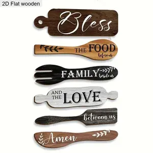 Wooden Kitchen Themed Wall Art, 6 Counts/set Rustic Farmhouse Decor, Vintage Plaque for Harvest Festivals, Autumn, Kitchen Rustic Wood Sign, Wooden Home Sign, Home Decoration