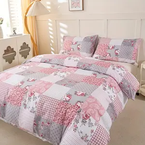 Floral Printed Patchwork Duvet Cover Set, Including 1 Duvet Cover & 2 Pillowcase without Filler, Soft Comfortable Bedding Set for Home Bedroom