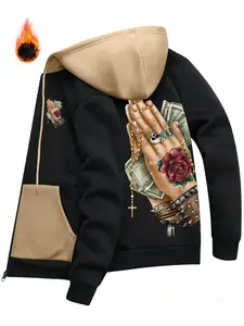 Spring and autumn new men's jacket American retro trend personality finger pattern printing casual sports zip hooded windproof warm men's jacket clothes