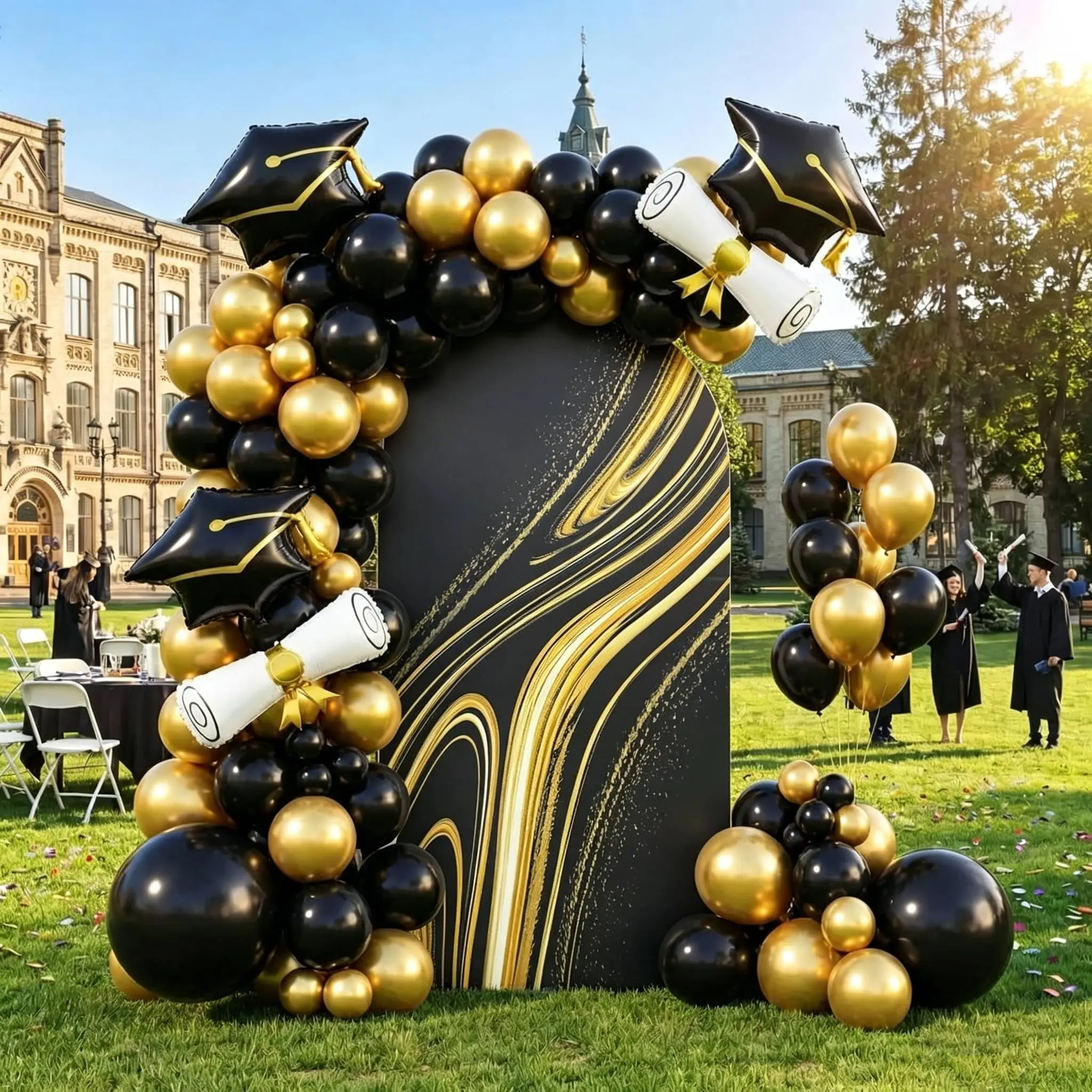 Black & Gold Marble Print Double-Sided Arch Cover, 6.6ft Spandex Chiara Backdrop Cover for Graduation, Wedding, Birthday & Luxury Party Decor