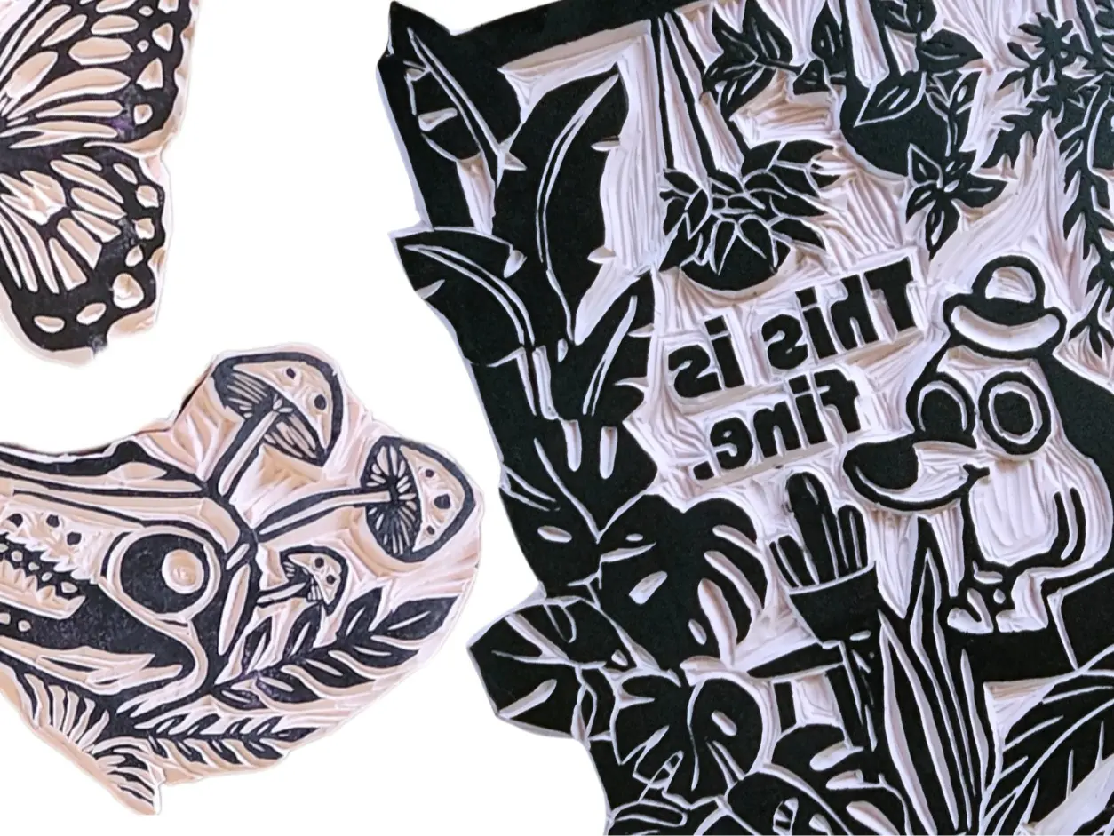 Custom Hand-Carved Block Printing Stamp | Linocut Style Rubber Stamp for Printmaking, Journaling, Fabric Printing & Crafts
