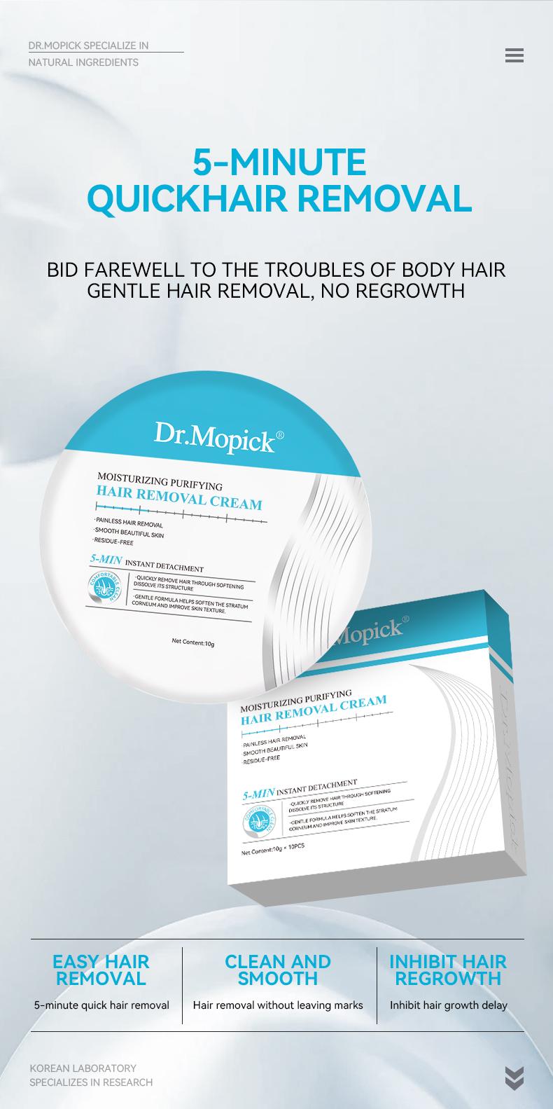 Dr.Mopick Korean 5-Minute Painless Hair Removal Cream, Gentle No-Stub Depilatory for Smooth Silky Skin, Fast Hair Remover for Body & Intimate Areas,