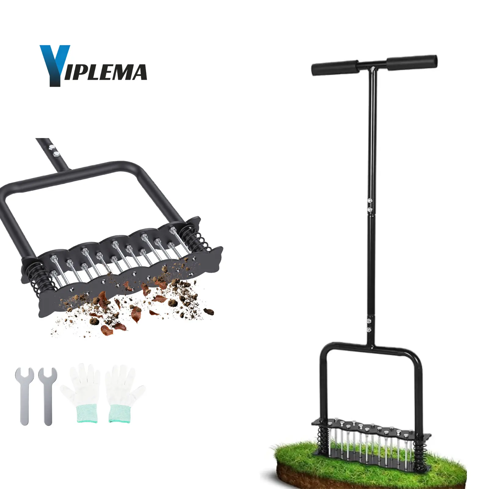 【Summerfinds】YIPLEMA Lawn Aerator Automatic Dirt and Leaf Clean Design,Grass Aerator for Yard and Garden,Soil renovation Hydrophobic permeation Revives Lawn Health , Heavy Metal Spring Duty Lawn Aerator Tool with 15 Iron Spikes Height Adjustable