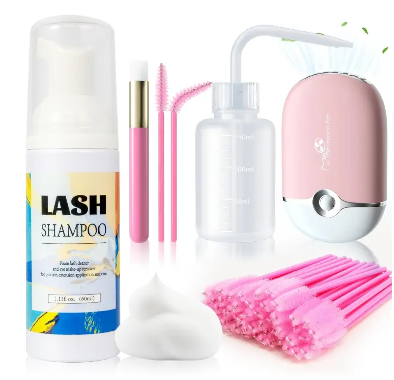 Buqikma Lash Shampoo - 60ML Lash Cleanser with Fan Brush, Rinse Bottle and 50 Pcs Mascara Brush, Rich Foam Wash for Eyelash Extensions at Home (Pink)
