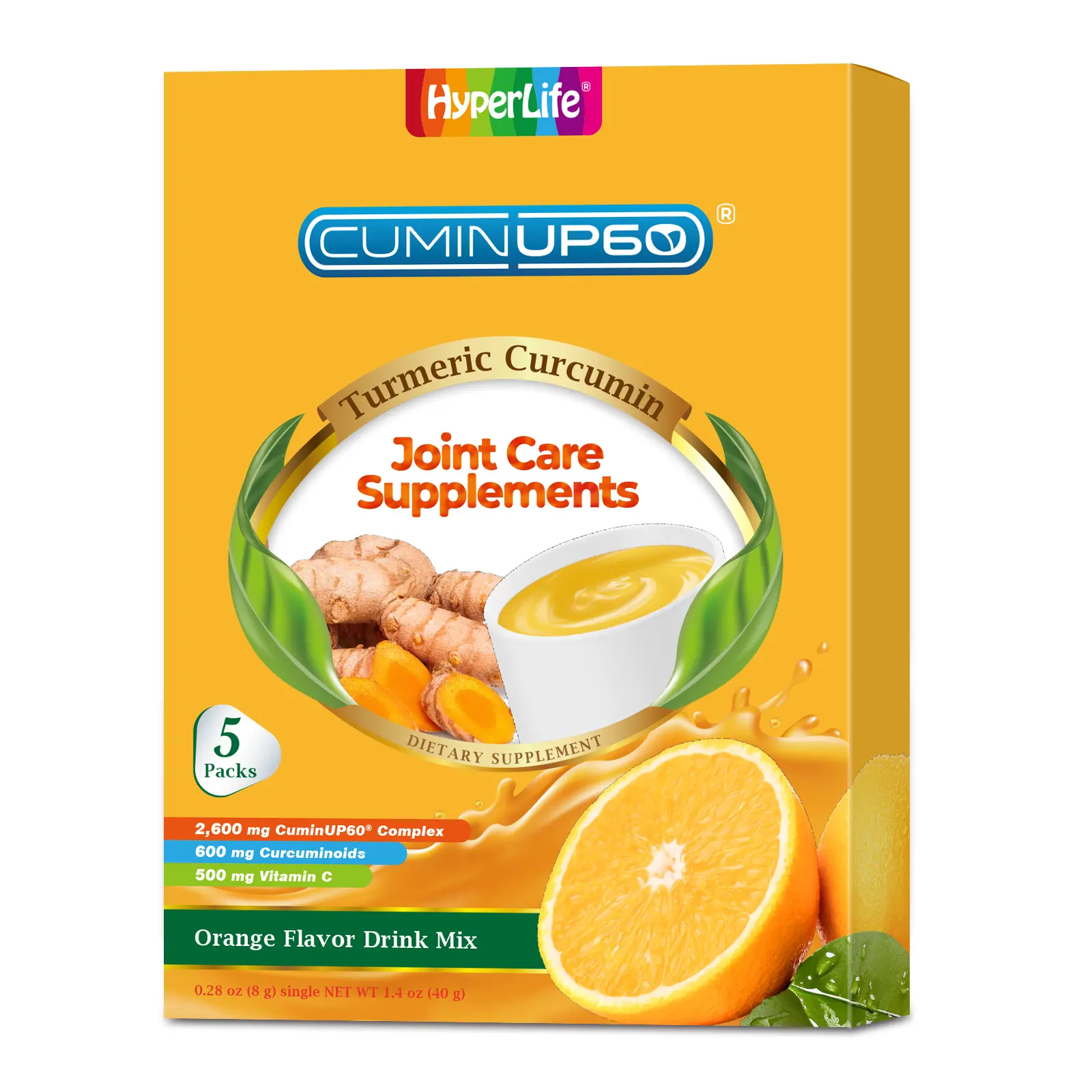 HYPERLIFE Orange Flavored Turmeric Curcumin Hydration Drink Mix for Joint Health & Anti-Inflammatory, 600mg Curcumin Per Serving, Healthcare Dietary