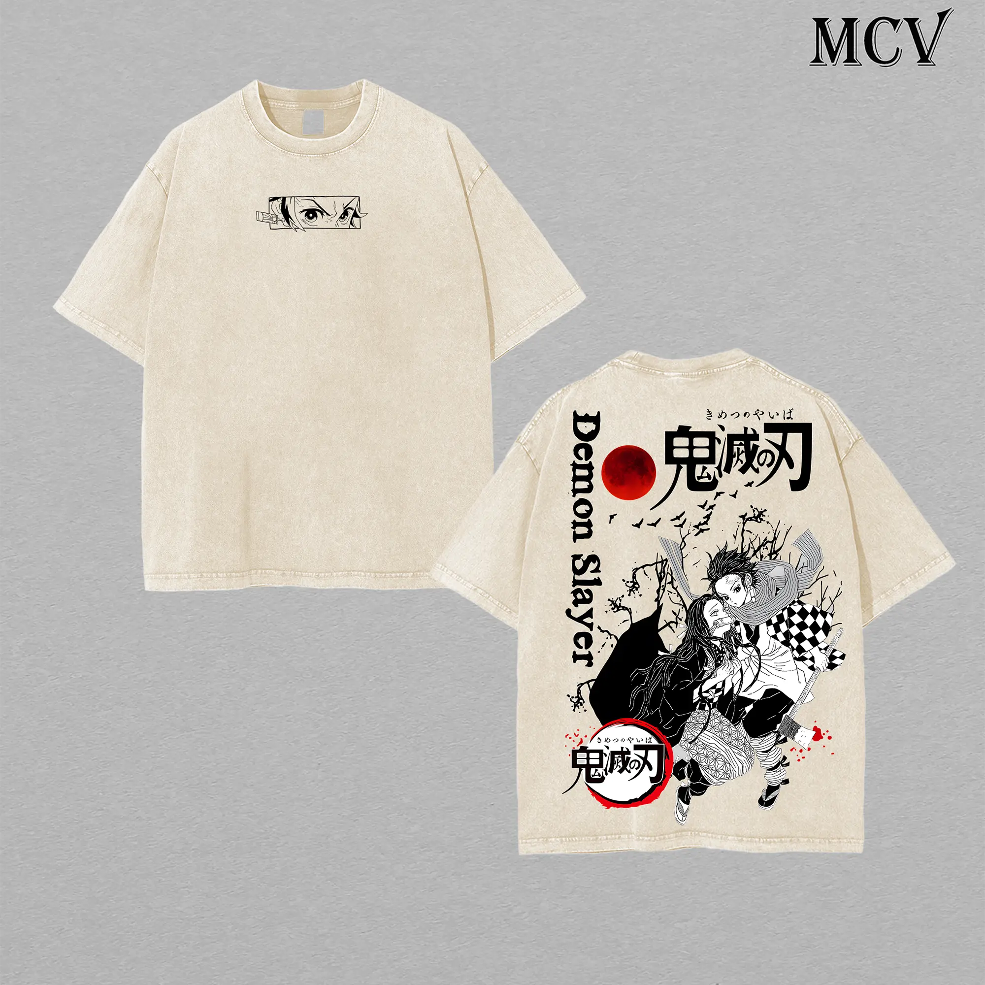 Demon Slayer Tanjiro And Nezuko Kimetsu no Yaiba Adult Unisex T-shirt - Demon Slayer t-shirt Menswear Anime Double Printed Oversize Lightweight Acid Washed Tee, Gift For Anime Merch
