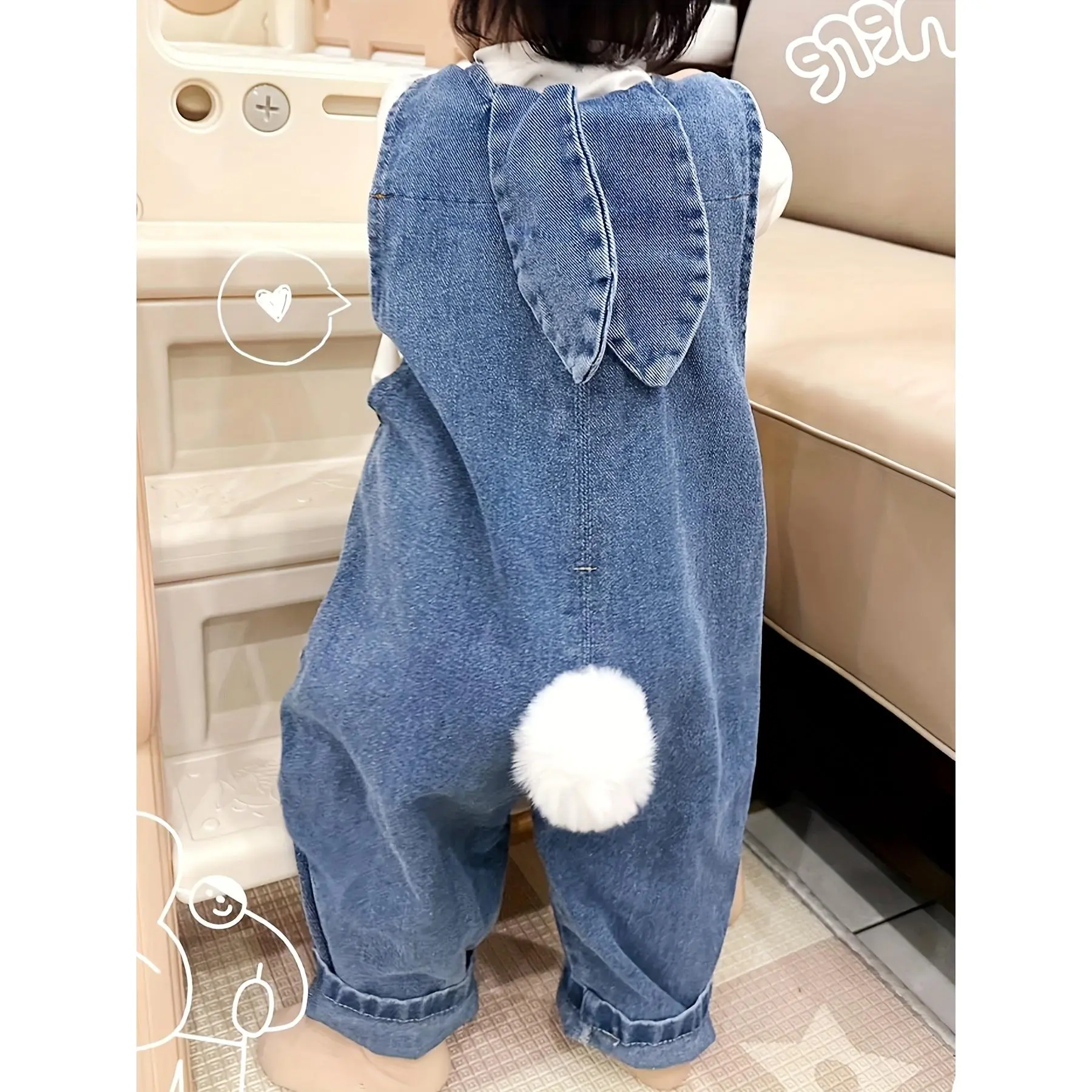 Kids' Overalls in Plain Blue Denim, Casual Loose Fit Full Length Playwear with Rabbit Ear Details for Spring, Polyester