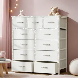 Mr IRONSTONE Tall Dresser with 11 Drawers, White Dresser for Bedroom Drawer Organizer Storage Drawers, Fabric Storage Tower with 9 Drawers, Chest of Drawers with Steel Frame, Wood Top for Nursery, Living Room, Closet, Deals for You Days
