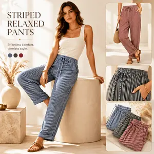 Women's Vertical Striped Wide Leg Pants High Waist Casual Trousers with Pockets, Flowy Boho Beach Pants, Comfy Lightweight Summer Palazzo Pants for Vacation & Daily Wear, Multiple