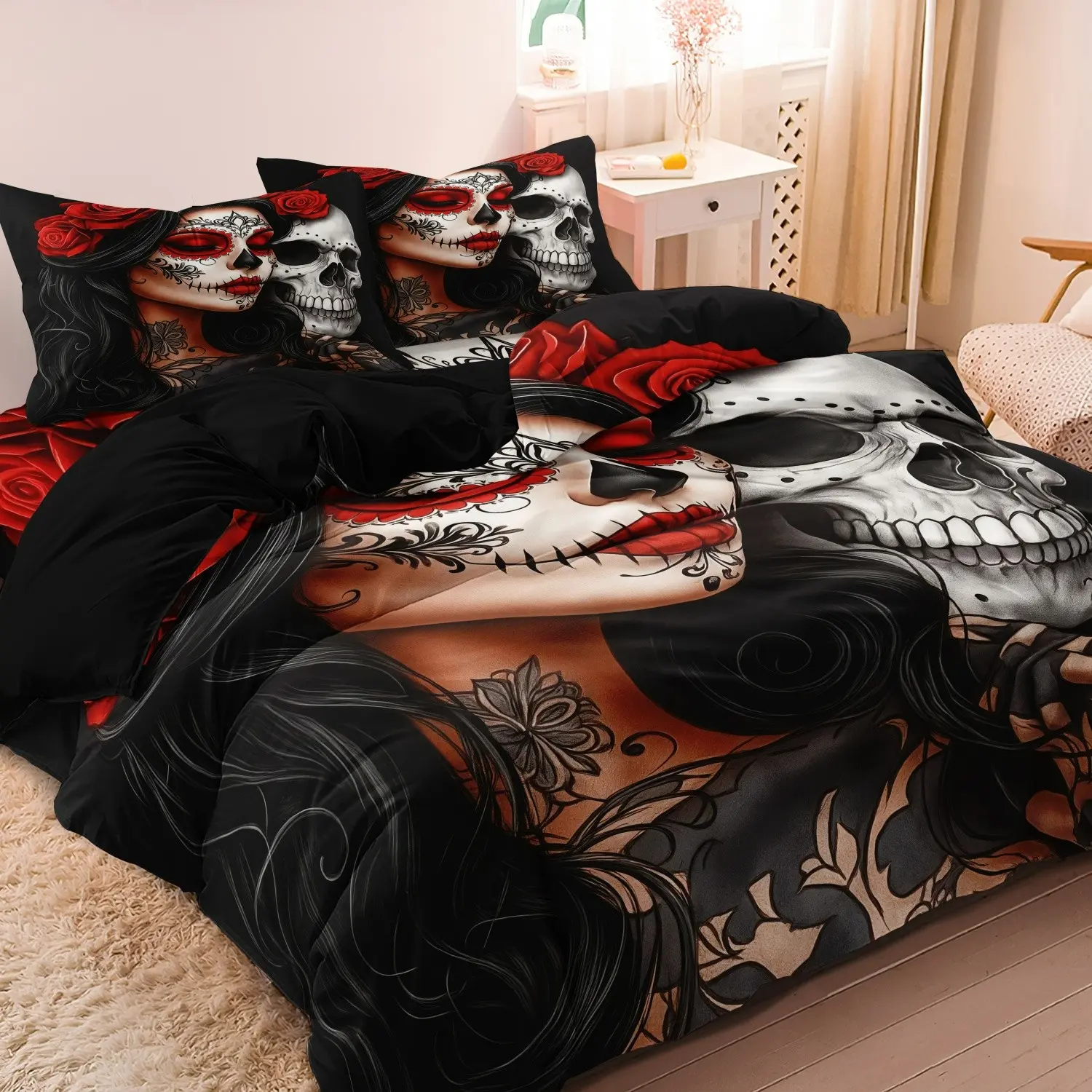 3pcs Duvet Cover Set, Gothic Rose Valentine'S Day Print Duvet Cover Set, King Queen Style Bedding For Bedroom Guest Room, Valentine's Day Gift, Printed Bedding Set (Includes 1 Duvet Cover + 2 Pillowcases, No Comforter)