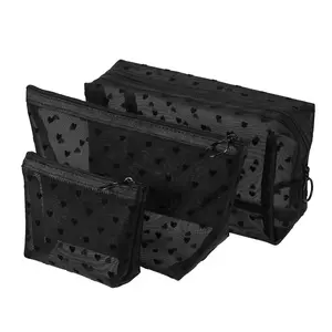 CHEIBEAR 3pcs Heart Shape Print Mesh Makeup Bag Zipper Clear Travel Pouch Organizer Black