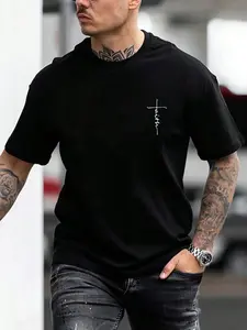 Minimalist Cross Line Art Aesthetic Streetwear, Lounge Wear, Short, Casual Daily Graphic T-Shirt, Perfect for Home Relaxing, Outdoor Strolling & Casual Hangouts, Sleek Black Design, Comfort Fit, Statement Piece for Modern Men’s Everyday
