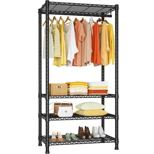 Ulif H2 Heavy Duty Clothes Rack, Freestanding 4 Tiers Garment Rack for Hanging Clothes with Shelves and Hangers, Closet Organizers and Storage Metal Closet Wardrobe System, Max Load 500 LBS Black Hangable