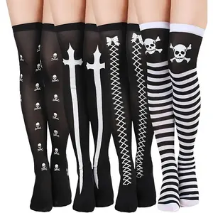 4 Pairs Halloween Thigh High Stockings – Over Knee Cosplay Skull Socks | Spooky Festival Long Stockings