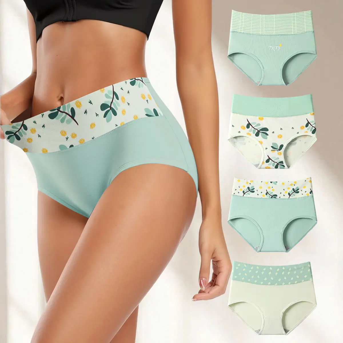 Hotcom Women's High-Waist Cotton Panties - 4-Pack Casual Simple Print Underwear, Fresh Green, Comfortable Fit, Plus Size (XS-XXL), Natural Premium Quality, Casual Panties