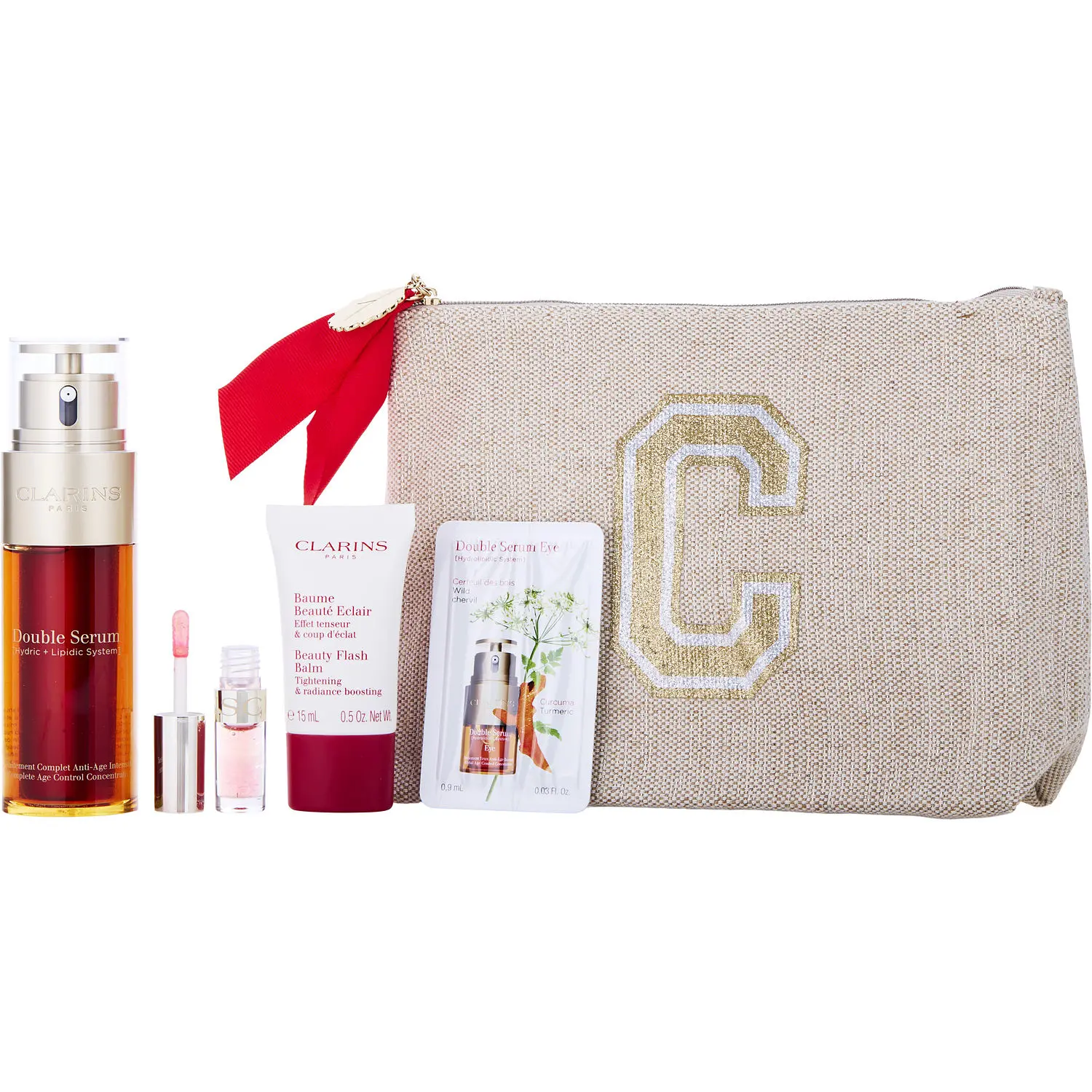 Clarins Double Serum Luminosity Set: Double Serum 1.7Oz + Double Serum Eye 0.9Oz + Beauty Flash Balm 0.5Oz + Lip Comfort Oil 04 Pitaya 0.04Oz --4Pcs+Pouch For Women