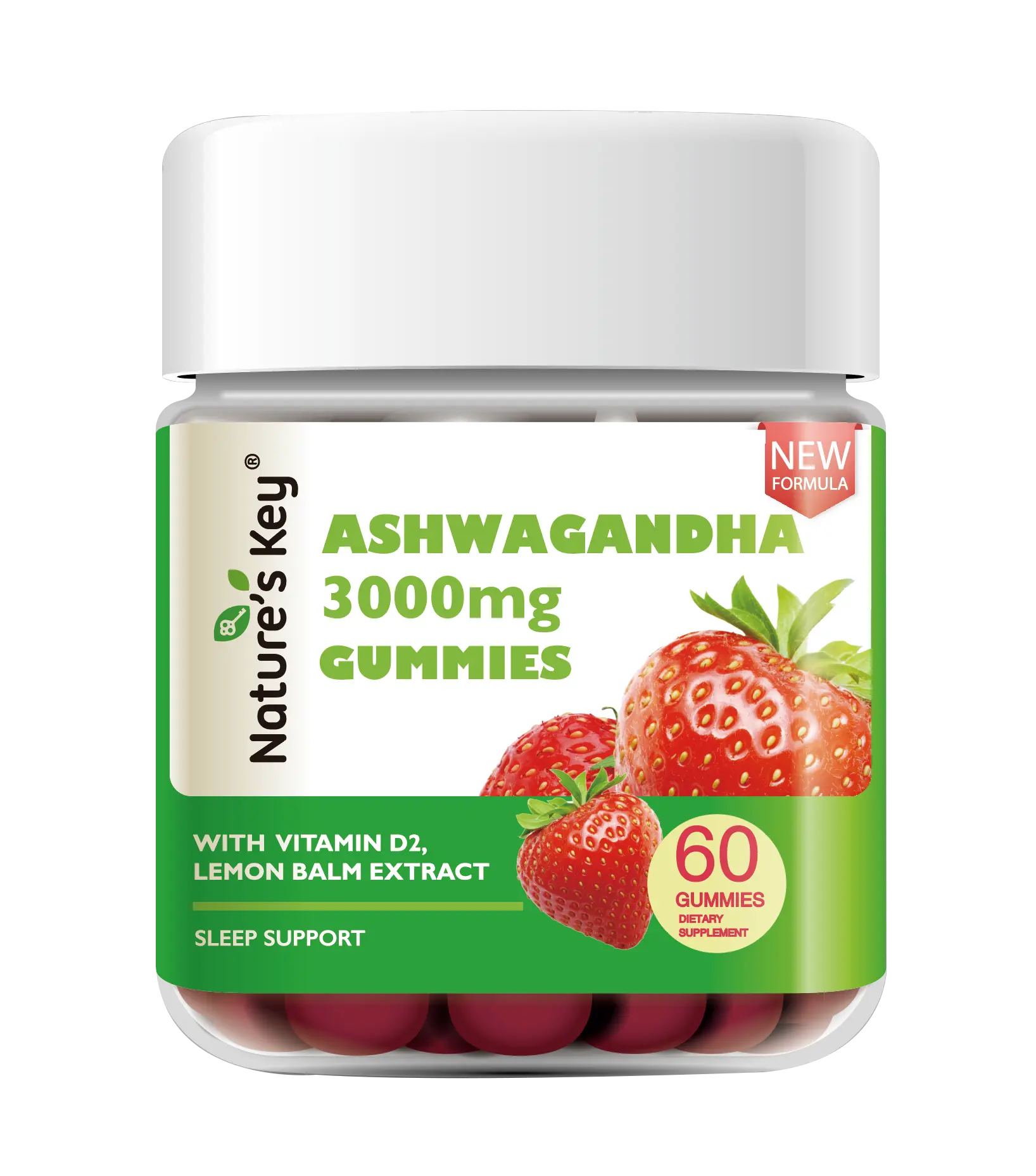 [Summer Sale] Nature's Key Ashwagandha Gummies, 3000mg Ashwagandha Root Extract with Vitamin D2, Strawberry Flavor, 60 Count, Vegan Daily Wellness Supplement