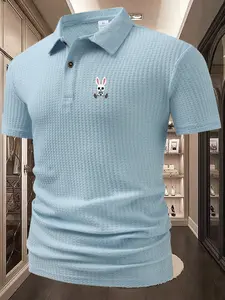 Men's Summer Short Sleeve Polo Shirt with Skull Rabbit Pattern, Soft Textured Jacquard Collar, Casual Business Wear, Perfect Gift