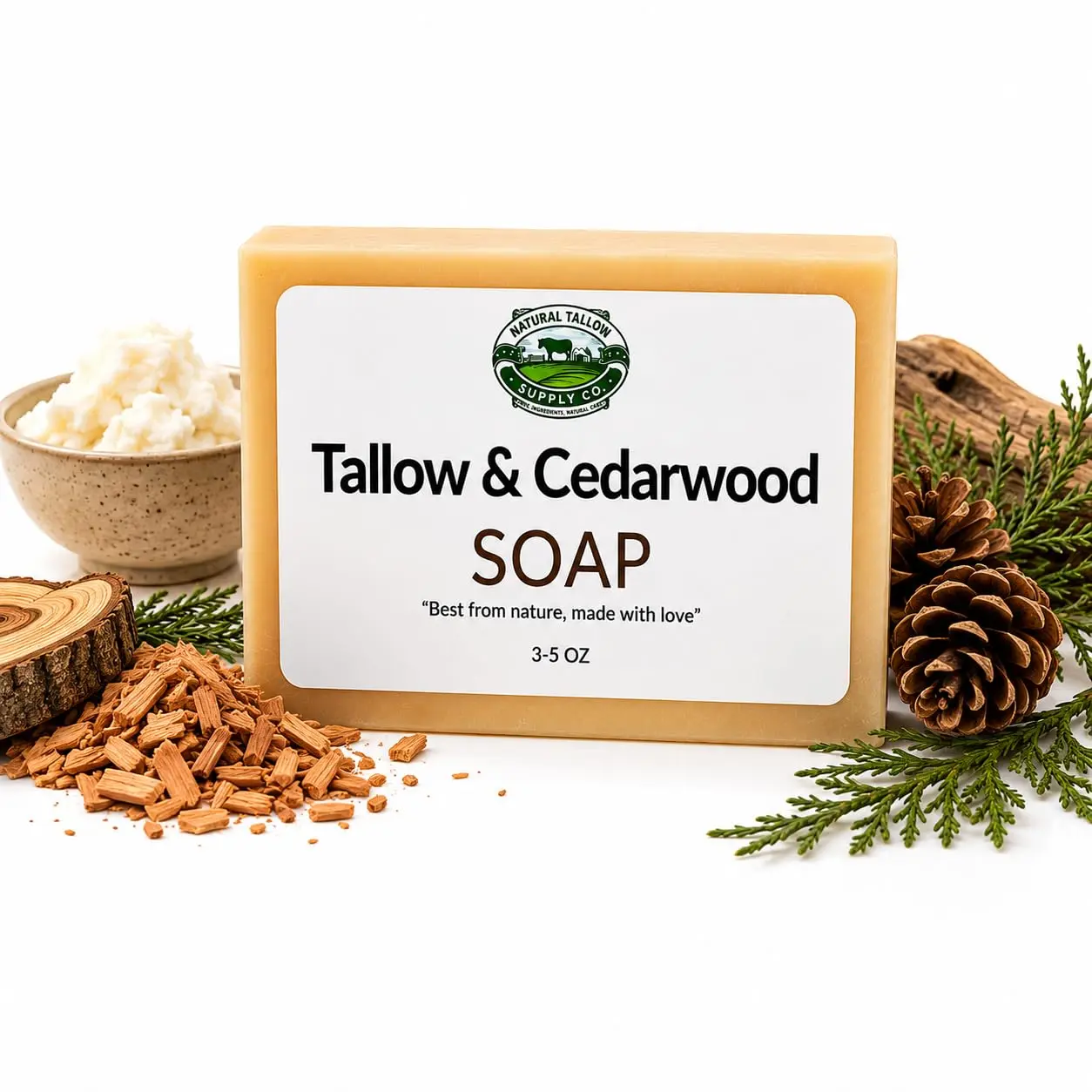 Tallow & Cedarwood Soap Bar – Handcrafted Beef Tallow & Goat Milk Soap with Cedarwood Essential Oil – Rich Creamy Lather for Face, Hands & Body – 3.5 oz