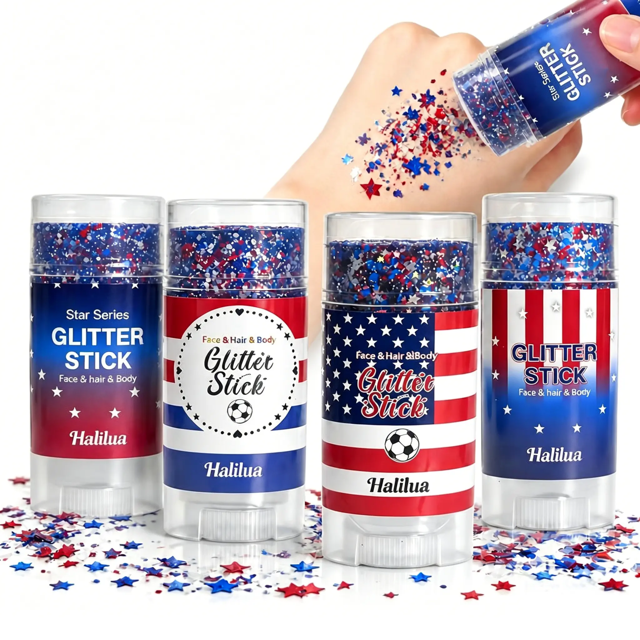 HALILUA Self-Adhesive Glitter Stick | Red White & Blue Patriotic Body Makeup  | Summer Vibes Festival Party Glitter | Waterproof Long-Lasting Shine for Sports Games & Holiday Gifts
