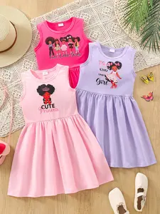 3-Piece Summer Young Girls' Cute Dresses, Cartoon Print, Round Neck Sleeveless, Simple Backless Fashion Dress, Kids Clothing