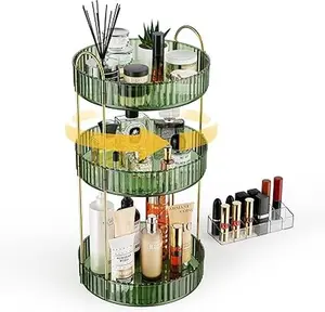 360° Rotating Makeup Organizer - Large Capacity Cosmetic and Skincare Dresser | Spinning Perfume Organizer Vanity Shelf for Makeup, Perfume, and Skincare(3 Tiers, Green)| Bonus 12-Slot Lipstick Holder