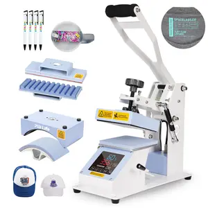 PYD Life 3 in 1 Mini Combo Heat Press Machine for Label Tag 5.8 x 5.8 Inch Light Blue 110 V Cap Hat Sublimation Pens Heat Press Machine