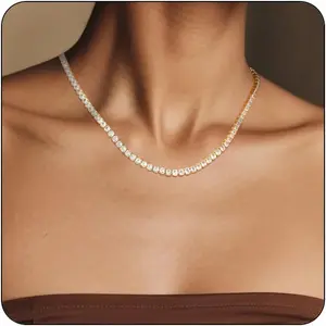 Dainty Tennis Necklaces for Women 14K Gold Plated Thin CZ Tennis Necklace Faux Diamond Tennis Chain Adjustable Tennis Choker Necklace for Women Necklace for PromValentine's Day gifts