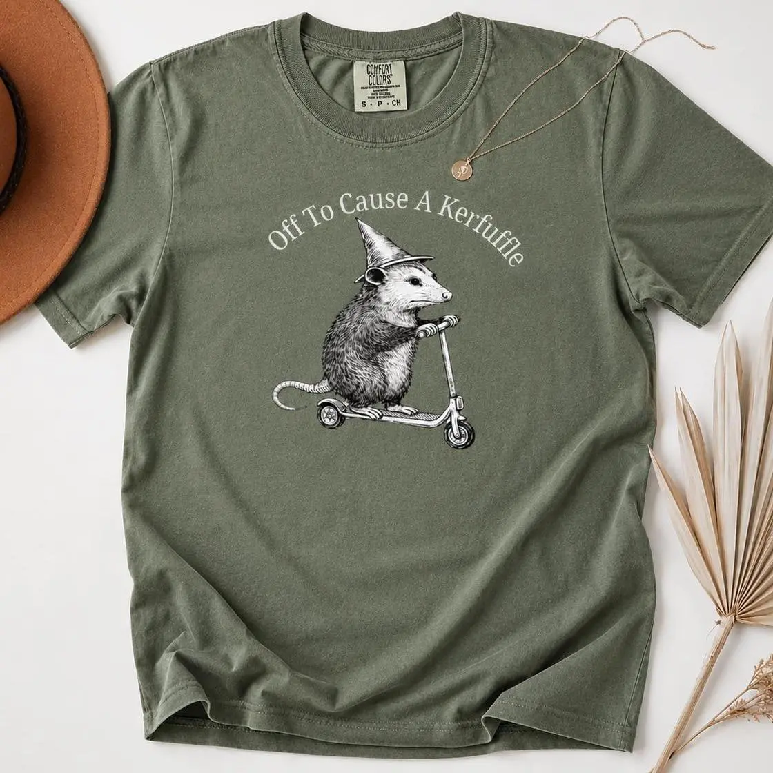 Comfort Colors Off To Cause A Kerfuffle Shirt, Funny Opossum Scooter T-Shirt, Mental Health Tee, Sarcastic Humor Shirt, Animal Lover Gift