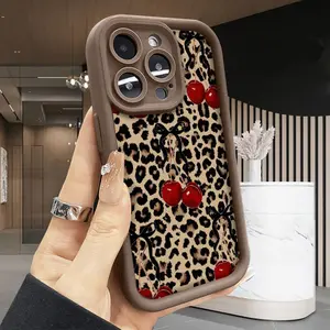 Case for iPhone 17 Air 16 15 14 Pro Max 13 12 11 XS E P Cherry Leopard Style Shockproof Drop Protection Rugged Durable Silicone Cover Cellphone Protective Smartphone Casing