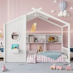 Twin Size Floor House Bed for Toddler, Montessori Bed  with Storage Shelf, Playhouse Bed with Roof Design, White  bed frame