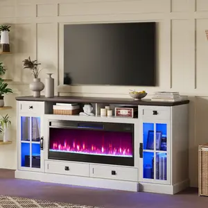【Ships in 2 Boxes】AMERLIFE 70“ Fireplace TV Stand for 80 Inch TV,Farmhouse TV Stand with 42" Fireplace & LED Lights,Entertainment Center with Storage,Best Gift Ideas/Christmas Gifts