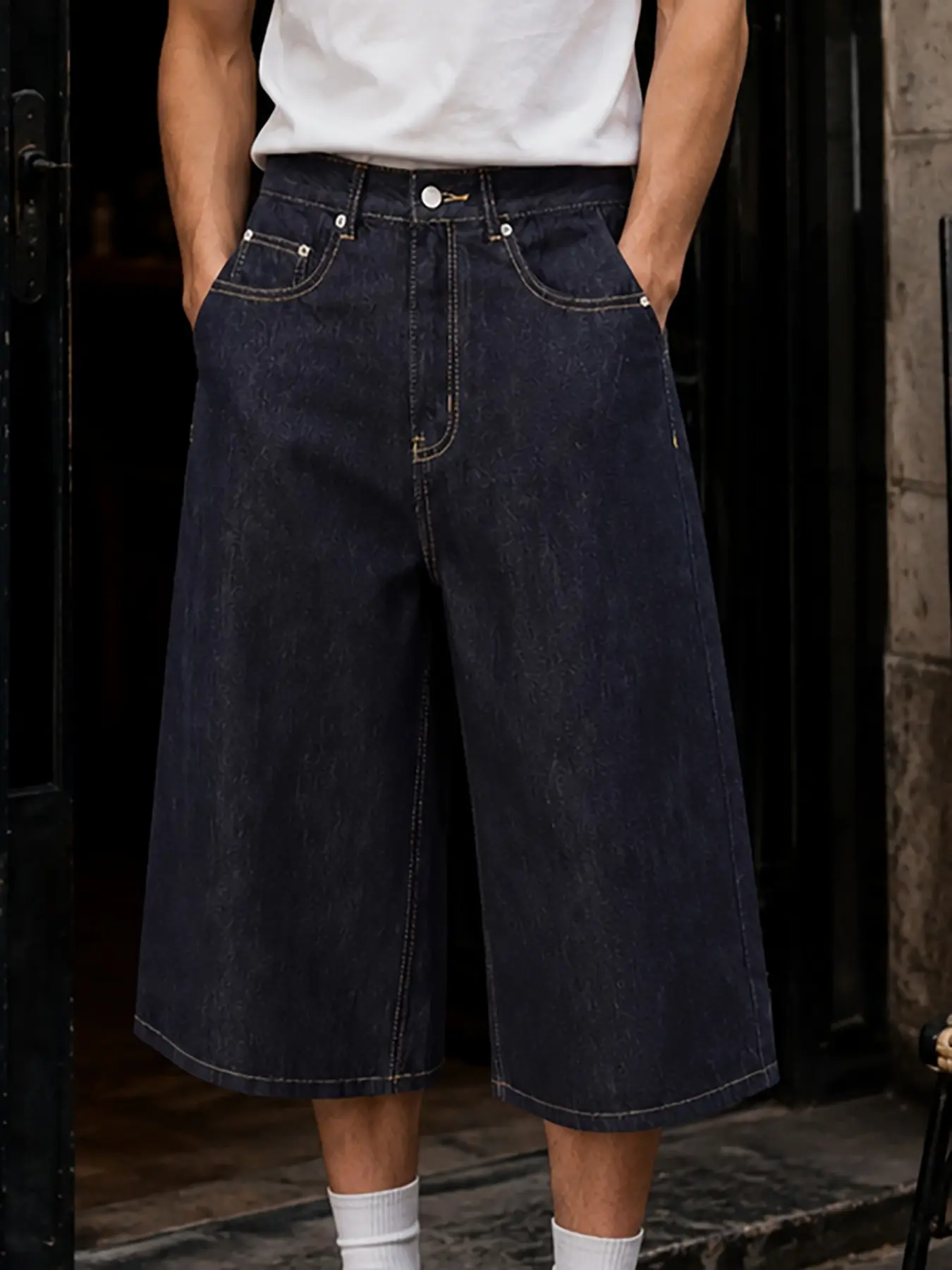 American Vintage Multiple Pockets Baggy Pants Denim American Style Shorts Men's Embroidery Letter Design Y2k Jorts Blue Wide Leg Straight Shorts