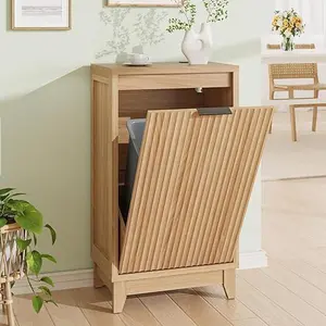 Vabches Tilt Out Trash Can Cabinet with Odor Control, Outlets, Fluted Trash Cabinet 13 Gallon Hidden Bin Storage, Modern Kitchen Cabinet with Soft-Close Door, Laundry Hamper Cabinet for Bathroom
