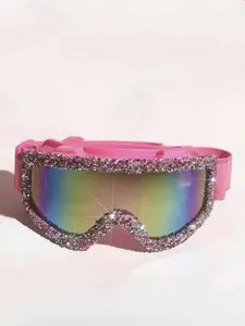 1pc Rhinestone-Decorated  Full-Coverage Women's Fashion Protective Soft Ski Goggles, Mirrored, Anti-Fog, Anti-Scratch, Adjustable Strap For Skiing, ATV, Motocross, Light Masks sunglasses women