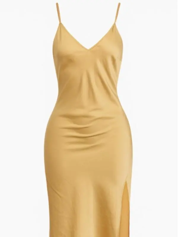 Honey Silk Dress - Gold Plain Spaghetti Strap Midi Dress for Women Elegant Simplicity Versatile Styling Comfortable Fashion