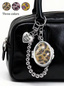 Shiny Rhinestone Double-Sided Metal Folding Mirror Keychain for bags with Silver Color Bead Chain, Stylish Leopard Print Portable Makeup Mirror, Heart-Themed Accessories