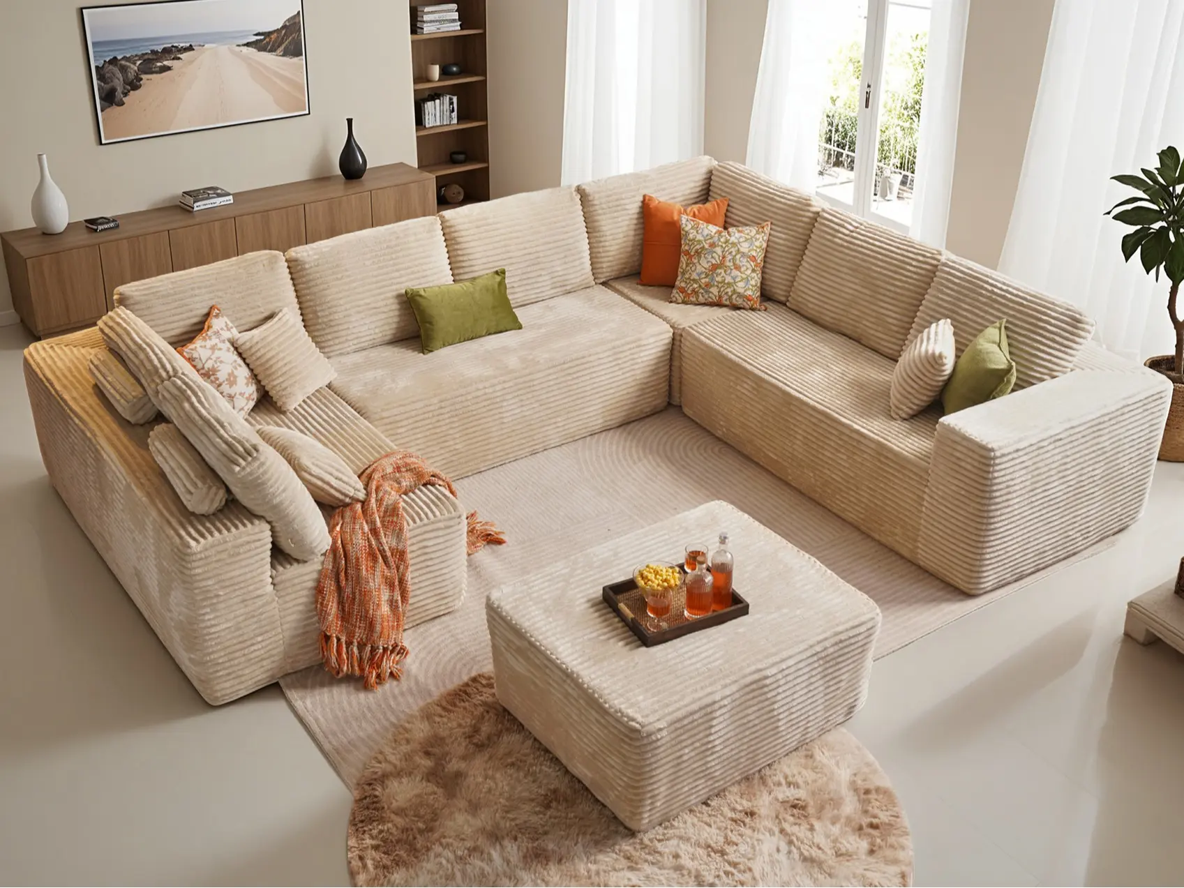 ALLWEX Modular Sofa, Soft Corduroy Foam Sofa (6 Styles Available), Plush Velvet Seat & Footrest, No Assembly Couch, Oversized Corduroy Cloud Couch with Deep Seat Chaise, Plush Floor Sectional Sofa, Comfortable Lounge Seating, No Assembly Required