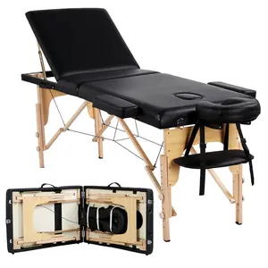 Yaheetech Wooden Portable Massage Table, 3-Section Design with Adjustable Backrest, Beech Wood Legs, Folding Spa Table with Hand Pallet