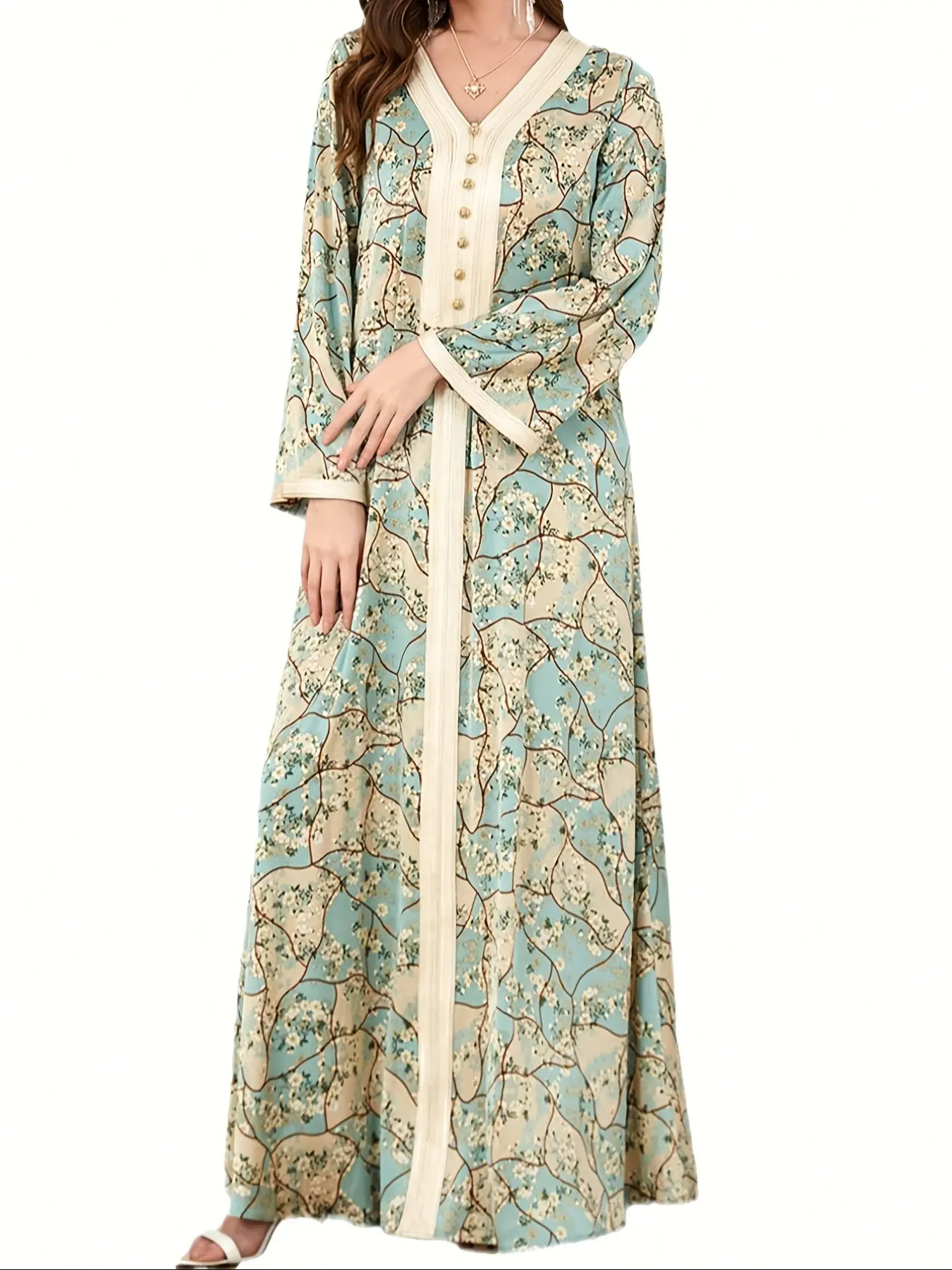 Arabian Women Jalabiya Clothing, Ramadan Muslim Women, Eid Islamic Print Abaya, Turkish Robe, Moroccan Robe, Abayas For Eid, Loose Abayas, Floral Print Abaya, Modest Muslim Outfits, Islamic Modesty Clothes, Islamic Abaya Dress