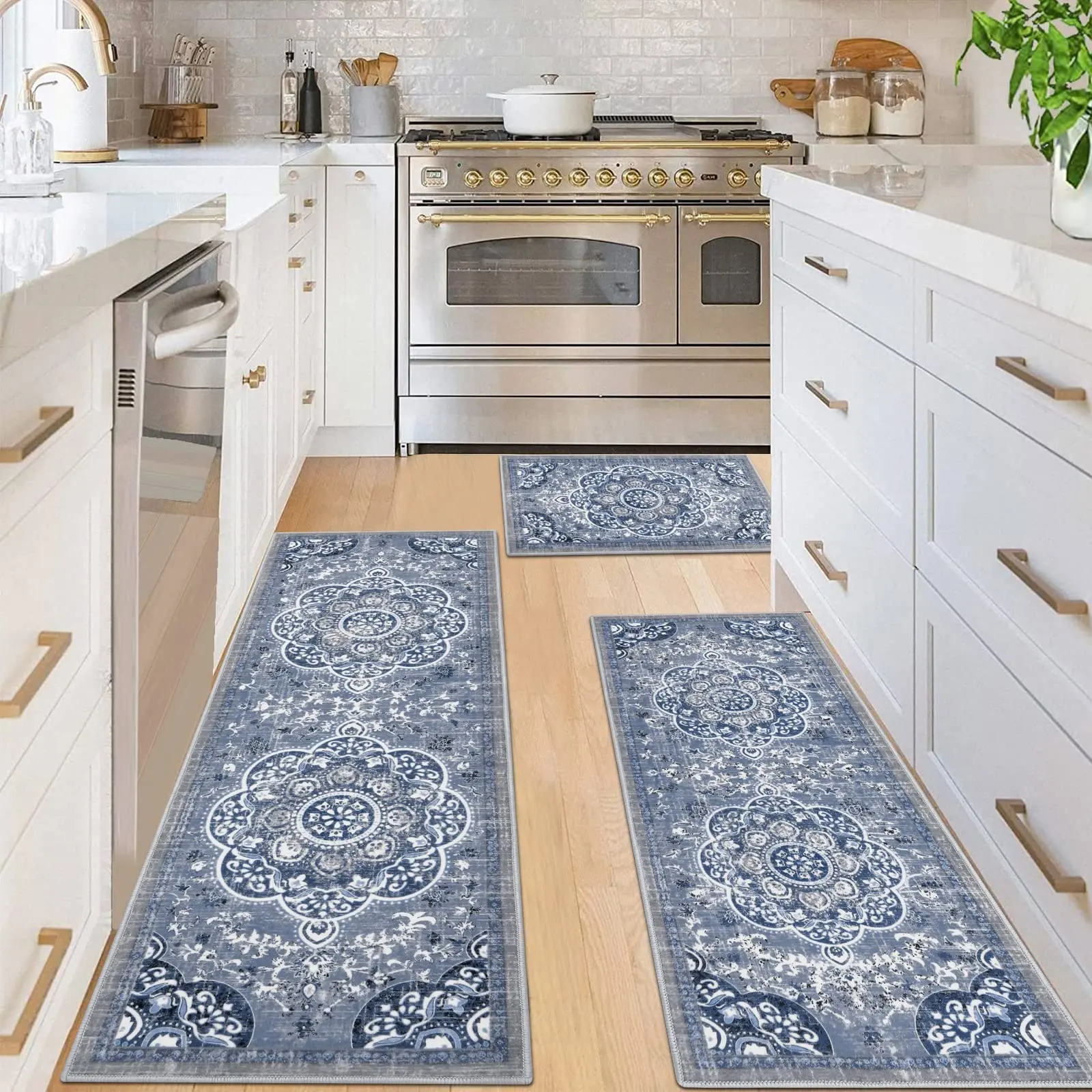 3-Piece Soft Non-Slip Bohemian Kitchen Rug Set, Washable Floor Mats, Low Height Kitchen Area Rugs, Ideal for Kitchen Laundry Room Hallway Decor, Bohemian Style Rugs