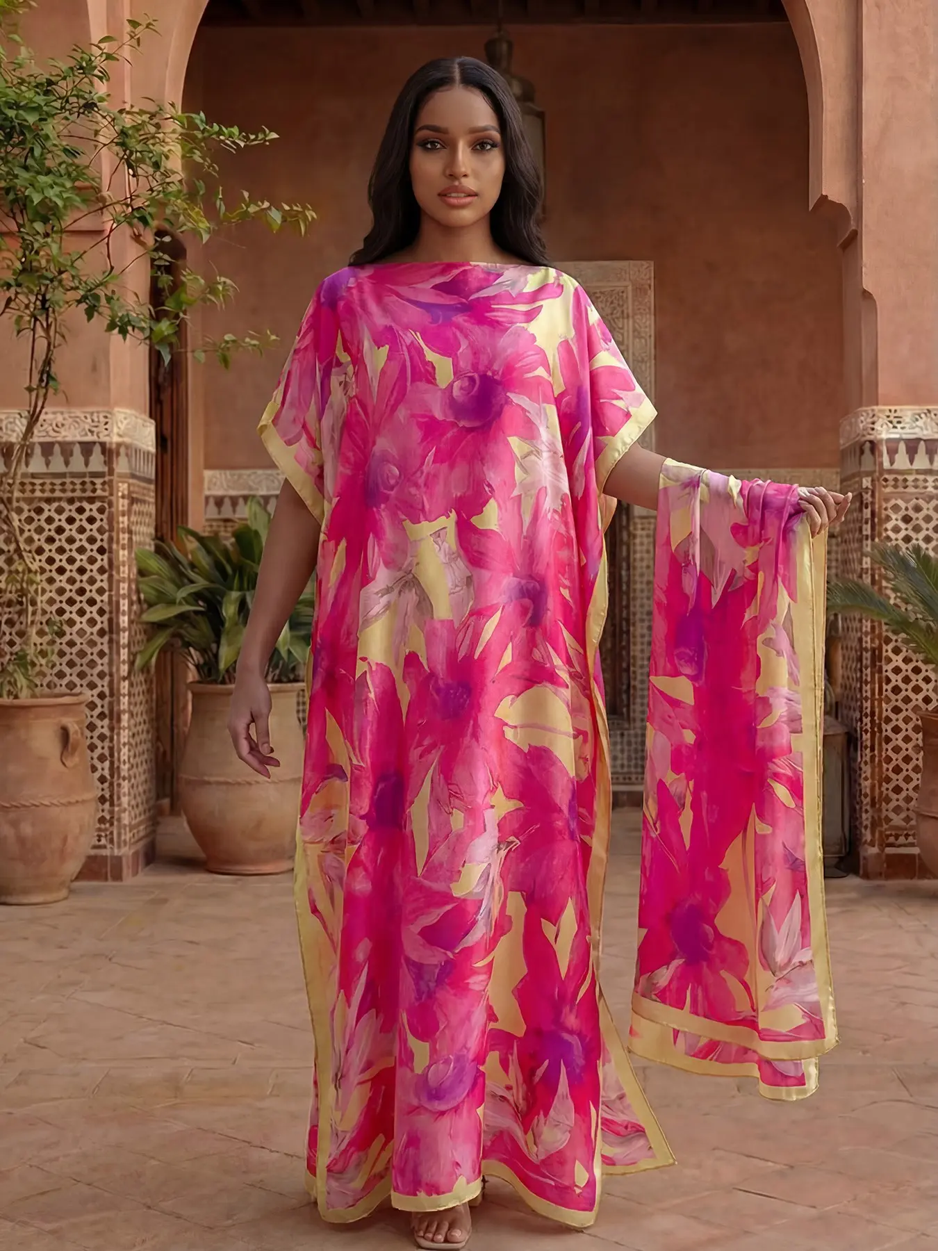 Women's Floral Print Robe Set, Spring Summer Thin Loose Fit, Elegant Shawl Scarf, Beach Sun Protection Satin Silk Wrap, Beach Cover Ups, Beachwear Cover Up, Beach Coverups