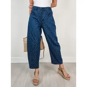Washed Floral Print Barrel Leg Denim Pants