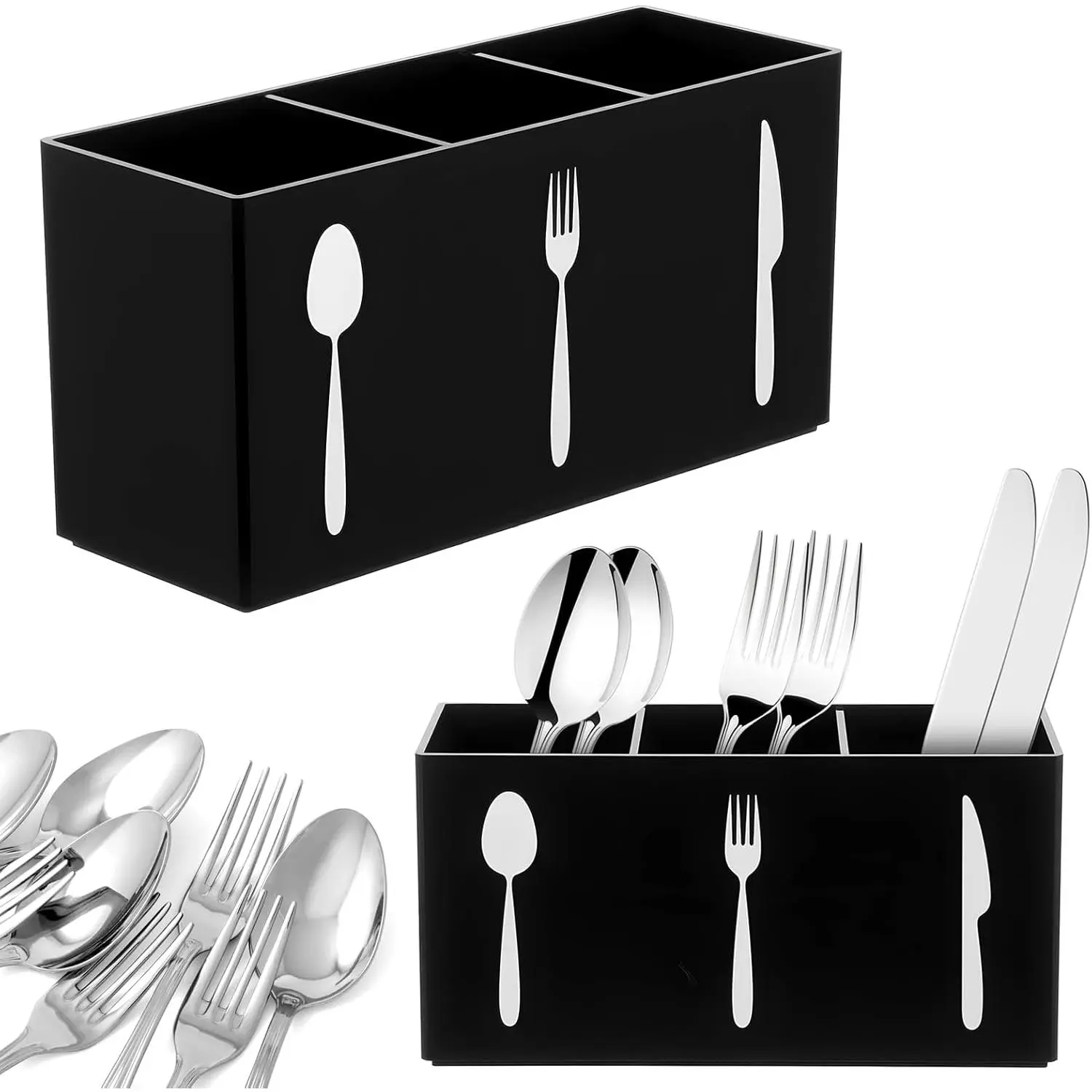 Cutlery Storage Organizer Silverware  Utensil Holder Countertop  Spoon and Fork Organizer Kitchen 3 Section Tableware Storage Box Indoor Outdoor Party Tableware Holder (Black)